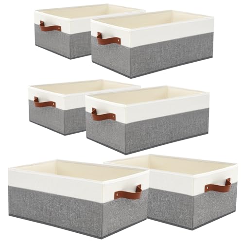 6 Pack Closet Storage Bins, Storage Baskets for Shelves | Linen Closet Organizers and Storage with Leather Handles for Clothes,Towels, Sheets, Jeans, Toys, Books (Grey and White) - style: 6 Pack Grey & White