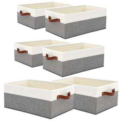 6 Pack Closet Storage Bins, Storage Baskets for Shelves | Linen Closet Organizers and Storage with Leather Handles for Clothes,Towels, Sheets, Jeans, Toys, Books (Grey and White) - style: 6 Pack Grey & White