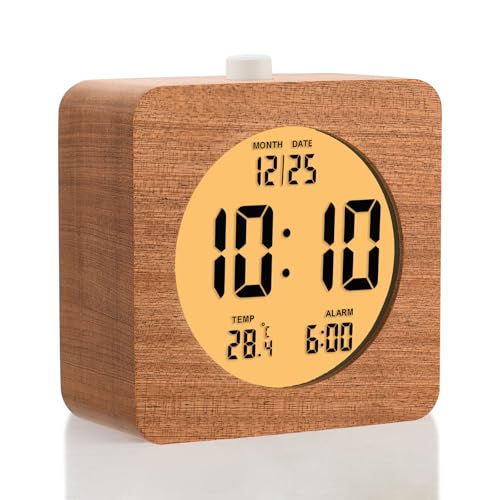Plumeet Wooden Digital Alarm Clock for Bedrooms, Wood 4'' Battery Powered Alarm Clock with Snooze and Nightlight, Electronic LCD Desk Clock Display Time, Date, Temp, 12/24H, Wood Décor, Square, Sapele - color: Sapele, size: Square 4''