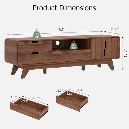 EAG Mid Century Modern TV Stand for 65 Inch TV, Entertainment Center with Storage Cabinet & 3 Drawers, Media and TV Console for Living Room, Bedroom, Walnut - color: Walnut, size: 62"