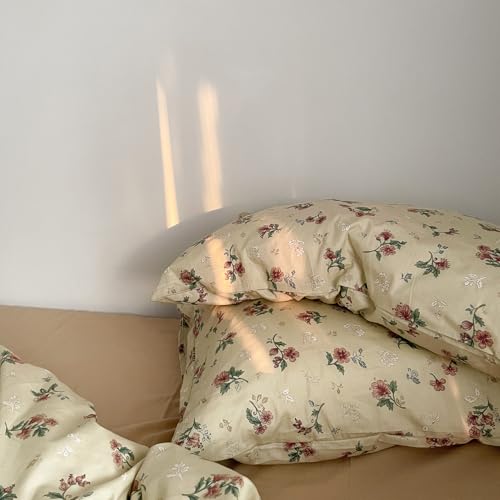 MKXI Yellowish Beige & Red Floral Duvet Cover Set Twin Size - 3 Piece Vintage Country Bedding Set with Floral & Green Leaf Patterns, 100% Cotton Soft Aesthetic Duvet Cover with Ties & Pillowcases - color: 003 Vintage Floral, size: Twin