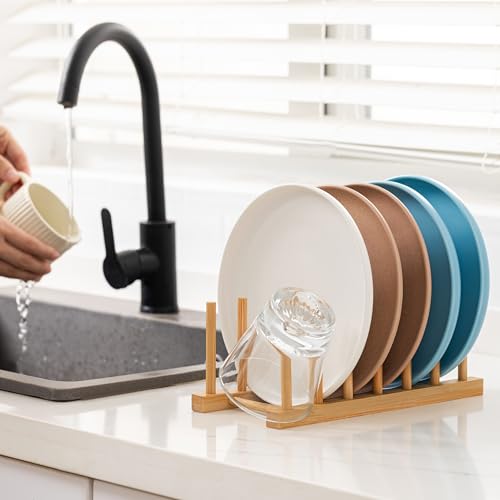 HBlife 4pcs Bamboo Dish Plate Bowl Cup Book Pot Lid Cutting Board Drying Rack Stand Drainer Storage Holder Organizer Kitchen Cabinet（Keep Dry） - color: Bamboo 6 Slots 4pcs