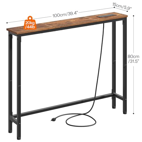 HOOBRO 39.4 Inch Narrow Console Table with Power Outlets, 5.9 Inch Sofa Table with Storage, Skinny Behind Couch Table, for Entryway Hallway, Small Spaces, Rustic Brown and Black BF52UXG01G1