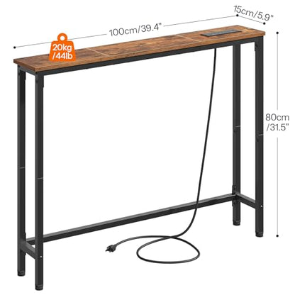 HOOBRO 39.4 Inch Narrow Console Table with Power Outlets, 5.9 Inch Sofa Table with Storage, Skinny Behind Couch Table, for Entryway Hallway, Small Spaces, Rustic Brown and Black BF52UXG01G1