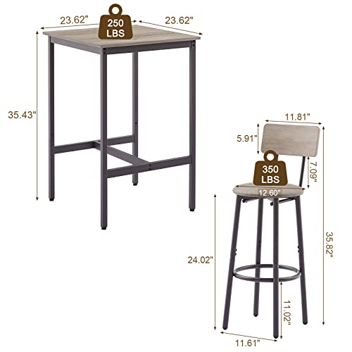 KIVENJAJA Bar Table and Chairs Set for 2, 3-Piece Small Square Pub Bistro Table and Upholstered Stools with Backrest, Counter Height Dining Table Set for Kitchen Small Space, Grey - color: Grey, size: 3pcs-Square Table