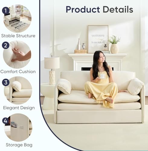 ijuicy 3 in 1 Convertible Sofa Bed, Queen Size Pull Out Sofa Bed -Beige | with 2 Side Pockets & Soft Armrest,60" Velvet Loveseat Sleeper Sofa with 4" Mattress for Living Room Furniture,Small Spaces - color: Beige