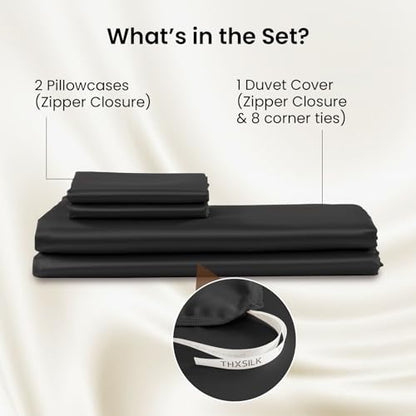 THXSILK Luxury Full Silk Duvet Cover Set 3 Pieces, Extra Soft, Breathable & Cooling Bedding Set, Machine Washable & Durable, 1 Duvet Cover & 2 Pillowcases with Zipper Closure(Black) - color: Black, size: Full (3 pcs)
