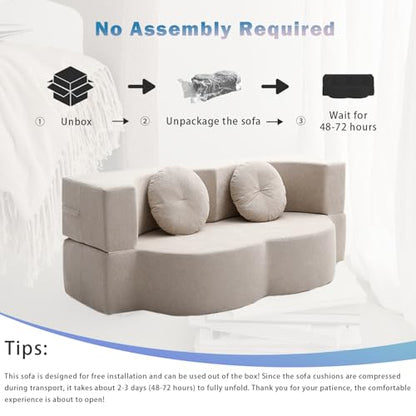 76" Convertible Folding Futon Sofa Bed, Queen Sleeper Sofa with Pillow, Teddy Floor & Futon Loveseat Couch, Foam Folding Mattress Sleeper for Living Room, Guest Use, Apartment, No Assembly (Beige) - color: Beige