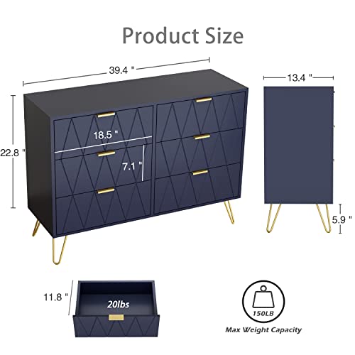 Anbuy Navy Large Dresser 6 Drawer Dresser for Bedroom, Chest of Drawer with 6 Wide Drawers Wood Storage Cabinet Organizer with Metal Gold Legs for Bedroom, Living Room, Entryway - color: Navy Blue, size: 13.4"D x 47.54"W x 28.73"H(6 Drawers)