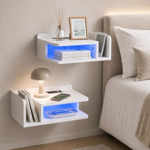 Afuly Floating Nightstand Set of 2 White Bedside Table with ChargingStation | Wall Mounted Side Table with Led Light Modern Minimalist End Table Small Hanging Storage Organizer for Bedroom, Apartment