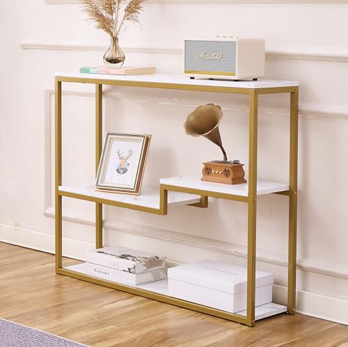 loglus Console Table for Entryway, Faux Marble MDF Sofa Table with Golden Frame, White Marble, 9.45" D x 38.18" W x 31.22" H - color: White Marble, style: Multilayer