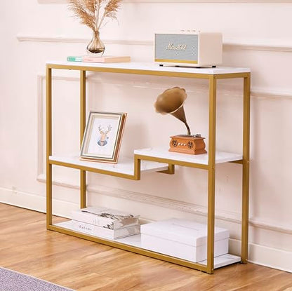 loglus Console Table for Entryway, Faux Marble MDF Sofa Table with Golden Frame, White Marble, 9.45" D x 38.18" W x 31.22" H - color: White Marble, style: Multilayer