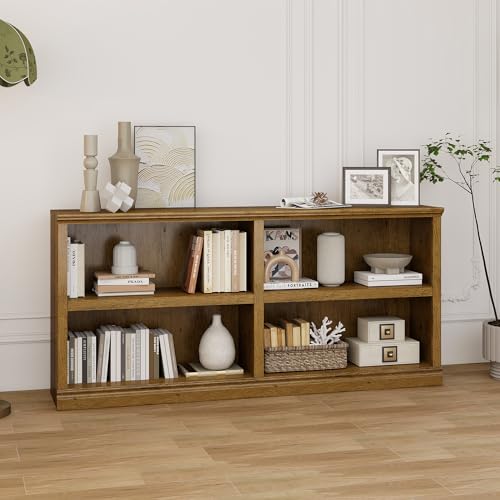 blini Bookshelf Double Wide 64“ 2-Tier Bookcase Vintage Oak 4 Cube Storage Organizer Wooden Bookcases for Bedroom and Home Office Decor Display - color: Vintage Oak, size: 2-shelf
