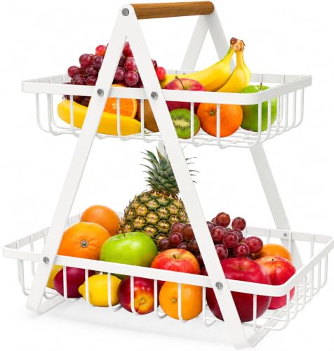 mahueeol 2-Tier Countertop Fruit Basket with Wooden Handle, Detachable | Detachable metal baskets with wooden handle for fruits, vegetables, bread and snacks in kitchens, pantries or dining rooms - color: White