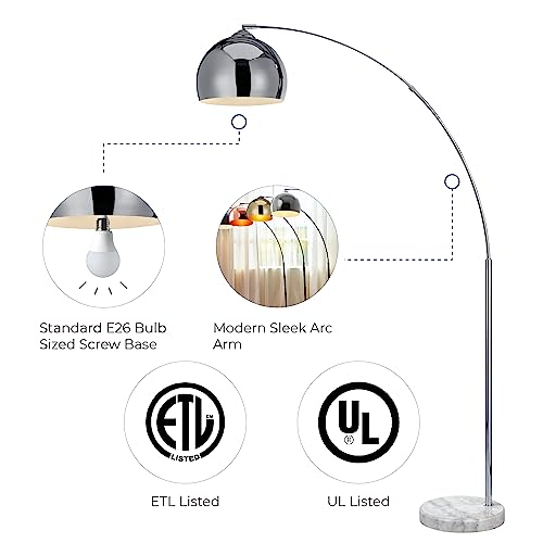 Teamson Home Arquer 68.1" Arc Floor Lamp for Living Rooms, Home Offices, Dining Rooms, Bedrooms with Faux White Marble Base and Chrome Bell Shade - color: Chrome