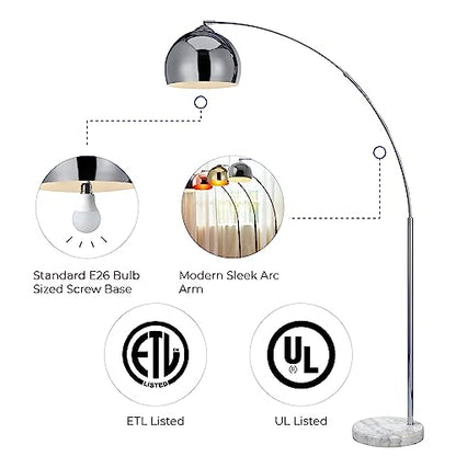 Teamson Home Arquer 68.1" Arc Floor Lamp for Living Rooms, Home Offices, Dining Rooms, Bedrooms with Faux White Marble Base and Chrome Bell Shade - color: Chrome