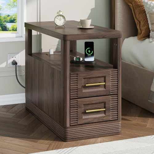 RECHHX Farmhouse End Table with Charging Station, Curved Side Table with 2 Storage Drawers for Small Space, Walnut Wooden Nightstand for Living Room, Bedroom - color: Walnut