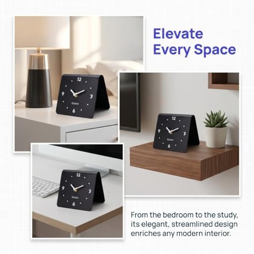 Minimalist Analog Desk Clock, Silent Non-Ticking Acrylic Table Clock Battery Operated Compact Desktop Ornament for Bedside Office Home Decor(Black)