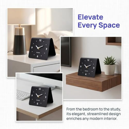 Minimalist Analog Desk Clock, Silent Non-Ticking Acrylic Table Clock Battery Operated Compact Desktop Ornament for Bedside Office Home Decor(Black)