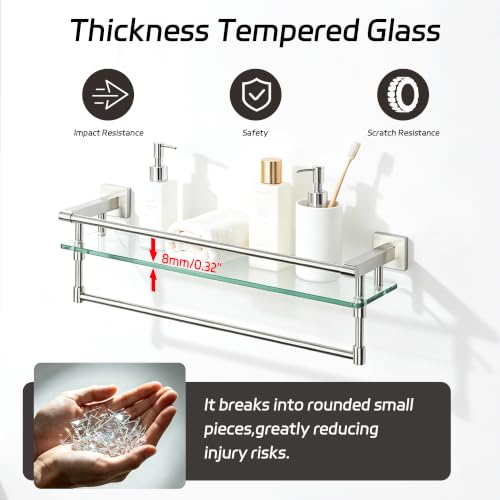 Alise Bathroom Shelf with Towel Bar, 20 Inch Brushed Nickel Glass Shelf | Floating Glass Shelves for Bathroom Wall, Tempered Glass, SUS304 Stainless Steel - color: Brushed Nickel, size: 20 In