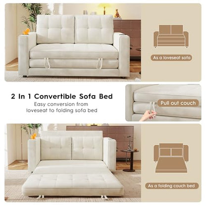 55" Convertible Folding Sofa Bed, Pull Out Couch Love Seat Sleeper Bed, Small Fold Out Loveseat sleeper with Cup Holder and Pillow for Small Space, Bedroom Lounge, Dorm, Living Room(Beige Chenille) - color: Beige