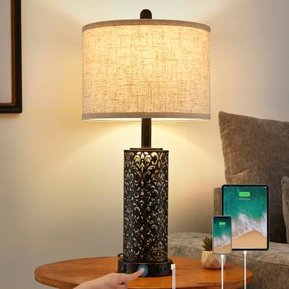 SAIWEYA 26" Set of 2 Farmhouse Table Lamp for Bedroom, Dimmable Touch | 3 Way Dimmable, 2 USB Ports + AC Outlet Bedside Lamp for Nightstand, LED Bulb Included, Fabric Shade, Flower Metal Body - color: White-26in 2 Pack
