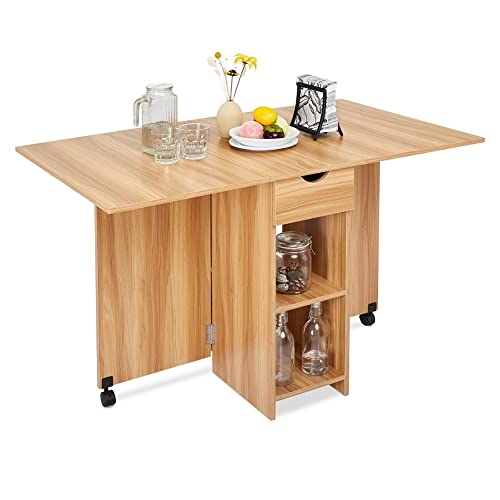 Mondeer Folding Dining Table with Drawer and Shelves, Red Oak | Drop Leaf Kitchen Table with 1 Drawer and 2 Storage Shelves in Modern Style for Small Spaces and Seats 4-6 People. - color: Red Oak