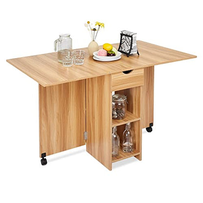 Mondeer Folding Dining Table with Drawer and Shelves, Red Oak | Drop Leaf Kitchen Table with 1 Drawer and 2 Storage Shelves in Modern Style for Small Spaces and Seats 4-6 People. - color: Red Oak