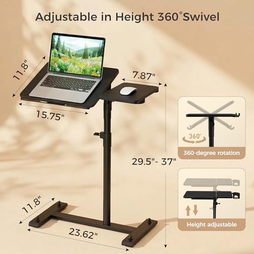 YUHFERA Rolling Table for Laptop Stand, Height and Angle Adjustable Over Bed Table with Wheels, Tilt-Top Laptop Desk for Couch with Cup Holder, Bed Table Tray for Eating (Black) - color: Black