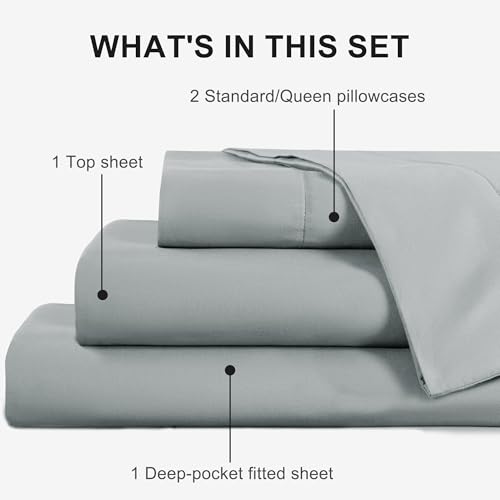 King Sheet Sets, Cotton Blended Breathable Bed Sheets 4 Piece, Deep Pocket Up to 14", 1 Fitted Sheet, 1 Flat Sheet and 2 Pillowcases (Grey, King) - color: Grey-4pcs Sheet Set, size: King