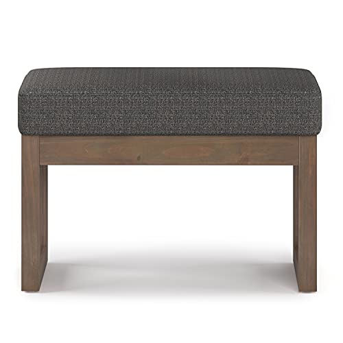 SIMPLIHOME Milltown 27" Wide Tweed Rectangle Ottoman in Ebony | Contemporary upholstered ottoman with a cushioned seat for extra seating in the bedroom or entryway; footstool, footrest. - color: Ebony, style: Small Ottoman Bench