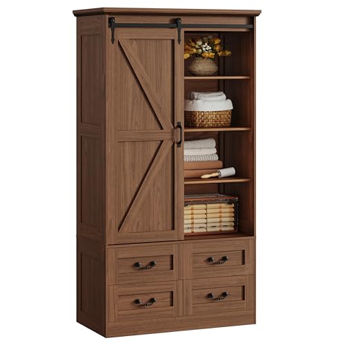 IRONCK Armoire Wardrobe Closet with 4 Drawers,71" Wardrobe Cabinet with Sliding Barn Doors, Tall Clothing Storage Cabinet with Hanging Rod and Shelves for Bedroom,Walnut - color: Walnut