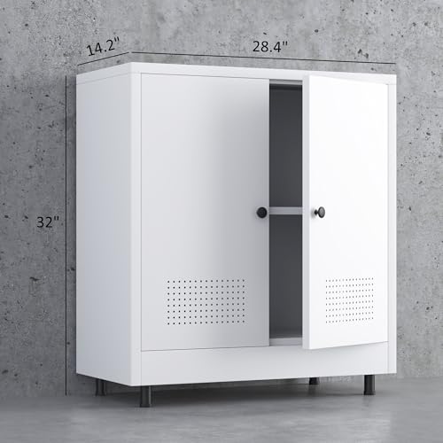 Metal Storage Cabinet with 2 Doors and Adjustable Shelf, Free Standing Accent Sideboard Buffet Cabinet for Home, Office, Entryway, Hallway, Living Room, Kitchen and Dining Room (White) - color: White