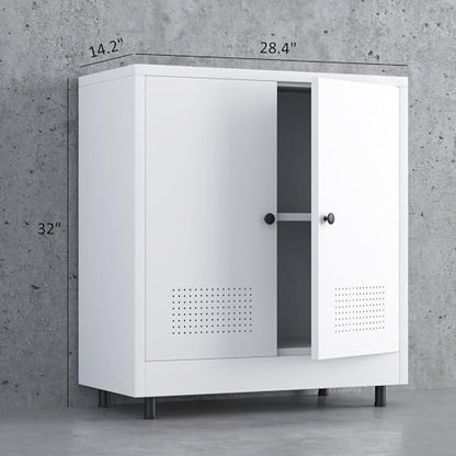 Metal Storage Cabinet with 2 Doors and Adjustable Shelf, Free Standing Accent Sideboard Buffet Cabinet for Home, Office, Entryway, Hallway, Living Room, Kitchen and Dining Room (White) - color: White