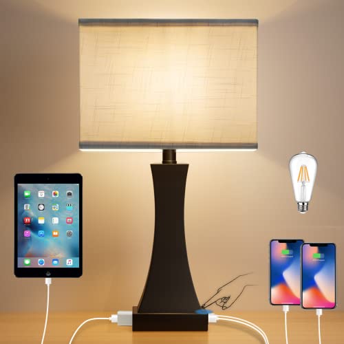 OYedis Table Lamp for Bedroom 3-Way Dimmable Touch Control Bedside Lamp with USB A+C Port & AC Outlet 21.6" Tall Nightstand Lamp for Living Room Office and Hotel Bulb Included - color: Black