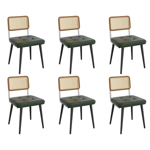 Garvee Rattan Dining Chairs Set of 6, Upholstered Dining Room Chairs with Rattan Backrest, Armless Side Chairs for Kitchen Living Room, Restaurant, PU Leather, Dark Green | Upholstered Kitchen Chairs with Rattan Backrest, Armless Side Chairs for Kitchen,