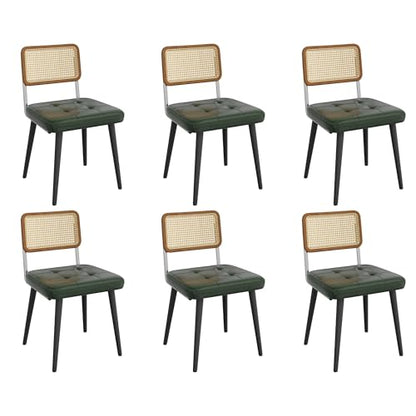 Garvee Rattan Dining Chairs Set of 6, Upholstered Dining Room Chairs with Rattan Backrest, Armless Side Chairs for Kitchen Living Room, Restaurant, PU Leather, Dark Green | Upholstered Kitchen Chairs with Rattan Backrest, Armless Side Chairs for Kitchen,