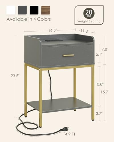 Masupu Nightstand with Charging Station,3-Tier Modern Bedside Night Stand with Storage Drawer and Shelf,Small End Side Table for Bedroom,Living Room,Grey - color: Outlet-grey