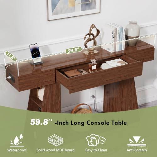 KEIKI 60" Narrow Console Table with Built-in Power Outlet, Farmhouse Sofa Table Behind Couch with Side Storage Compartment & Slatted Shelf, Entryway Foyer Hallway Accent Table, Rustic Walnut