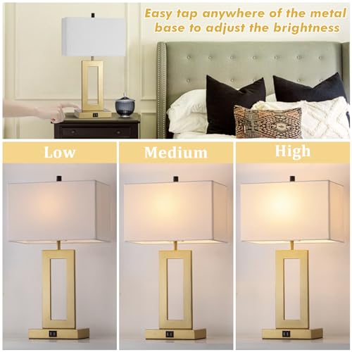 gernehop Gold Table Lamps Set of 2 with Dual USB Ports,3-Way Dimmable Touch Control Bedside Lamps,22inch Tall Modern Bedroom Table Lamp for Living Room,Nightstand LED Bulbs Included - color: 22Inch Whie&Gold
