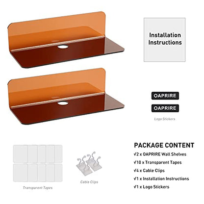 OAPRIRE Acrylic Floating Wall Shelves Brown, No Drill, 9 Inch 2 Pack | Strong Tape Adhesive Wall Shelf, Easy Installation, Hole Design with Cable Clips, Small Spaces Bedroom Bathroom Living Room - color: Brown