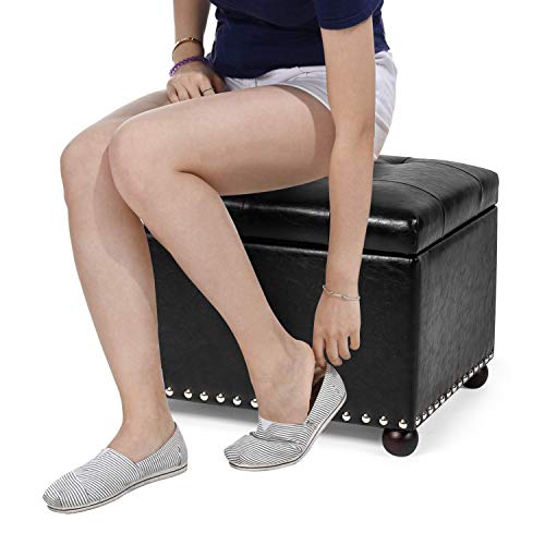 Leather Storage Ottoman, 24" Rectangle Tufted Foot Rest Stool, for Living Room Bedroom, Midnight Black - color: Midnight Black