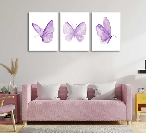 3Pcs Butterfly Canvas Wall Art Purple Butterfly Posters Pictures Minimalist Cute Animal Paintings Aesthetic Preppy Room Prints for Girls Bedroom Nursery Home Wall Decor Gift Framed - color: Butterfly Canvas, size: 16"Lx12"W