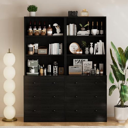 TUSY 71" Large TV Stand Set - TV Entertainment Center for TVs up to 65", Media Center with Tempered Glass Doors and Drawer, TV Hutch with Bookshelves for Living Room (Black, BEEB) - color: Black