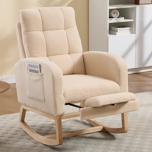 Rocking Chair Nursing, Rocker Chair with Footrest (Apricot) | Teddy Boucle Upholstered Accent Reading Chair with High Back & Side Pocket for Living Room Bedroom Nursery Office - color: Apricot