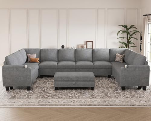 Belffin Oversized U Shaped Modular Sectional Couches for Living Room 10 Seater Modular Sofa Set with Storage Ottoman Large Sectional Couch with Cup Holder. Light Grey Sofa - color: Light Grey, size: 10-seater sofa