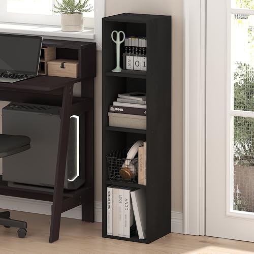 Furinno Fulda Book Shelf, 4-Tier Narrow Bookshelf, Standing Bookcase with 10-in Width Storage Shelf, 9.3 x 9.8 x 41.6, for Organization and Storage, for Living Room, Bedroom, Home Office, Blackwood - color: Blackwood, size: 4-Tier, 10W