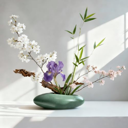 Flower Frog Vase Kit, 2-Inch Brass Florist Frog for Arrangements and Ceramic Water Drop Pot, Elegant Ikebana Flower Holder for Cut Flowers, Floral Decor Kit(Green Large Size) - color: Green, size: Large Size