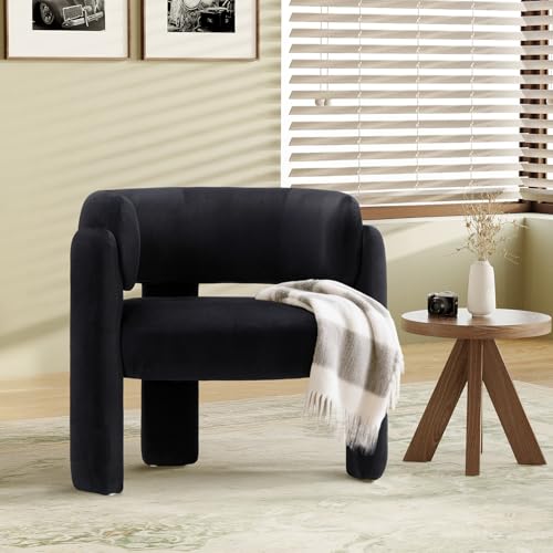 COLAMY Modern Accent Chair, Velvet Accent Chairs, Upholstered Barrel Chairs with Solid Wood Legs, Comfy Side Chair for Living Room, Bedroom, Reading, Cozy Reading Chair,Black - color: New-black, size: Set of 1