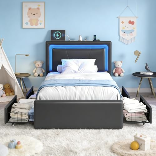Twin Size Bed Frame with 4 Storage Drawers, Upholstered Headboard, Black | Modern Bed, Charging Station, LED Light, Adjustable Height Headboard, Noise-Free, No Box Spring Needed, Easy Assembly - color: Black, size: Twin